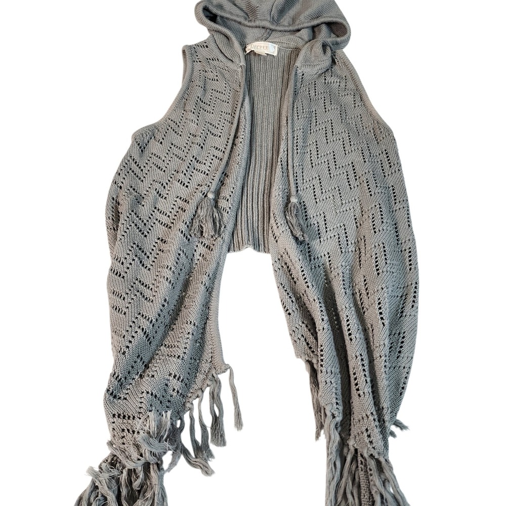 DECREE‎ Gray Crochet Knit Hooded Fringe Vest Cardigan Women's M M - Picture 3 of 10